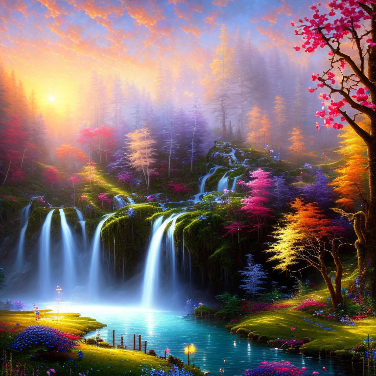 Colorful surreal landscape with waterfalls, lake, and sunset
