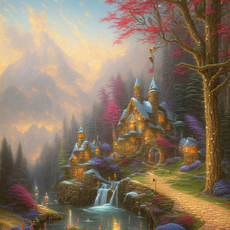 Enchanting forest scene with castle, waterfall, and colorful trees