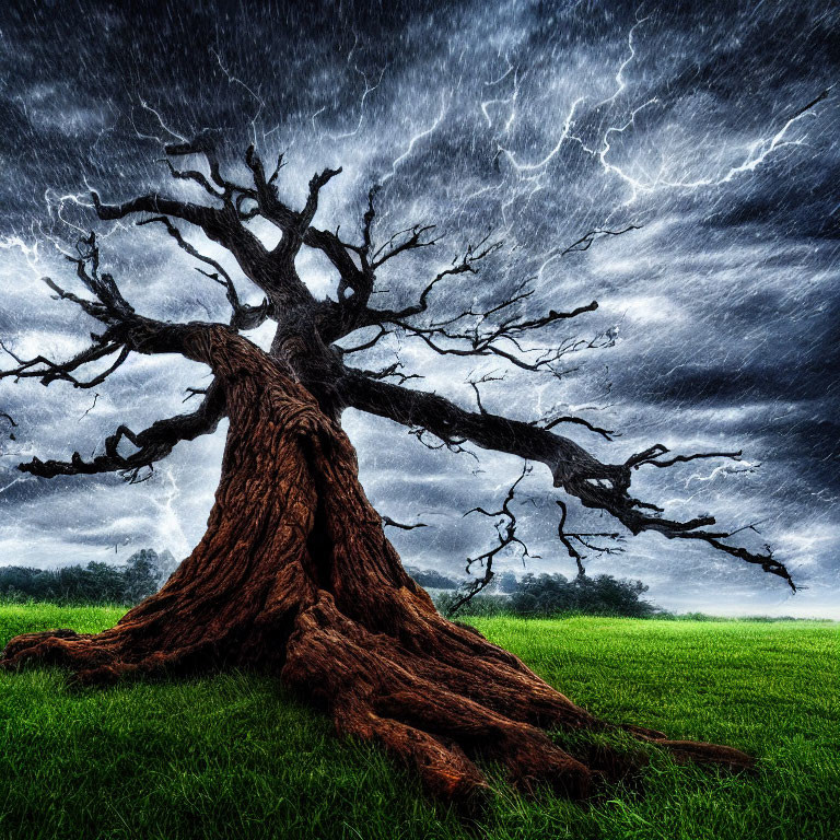 Majestic tree in vibrant field under stormy sky