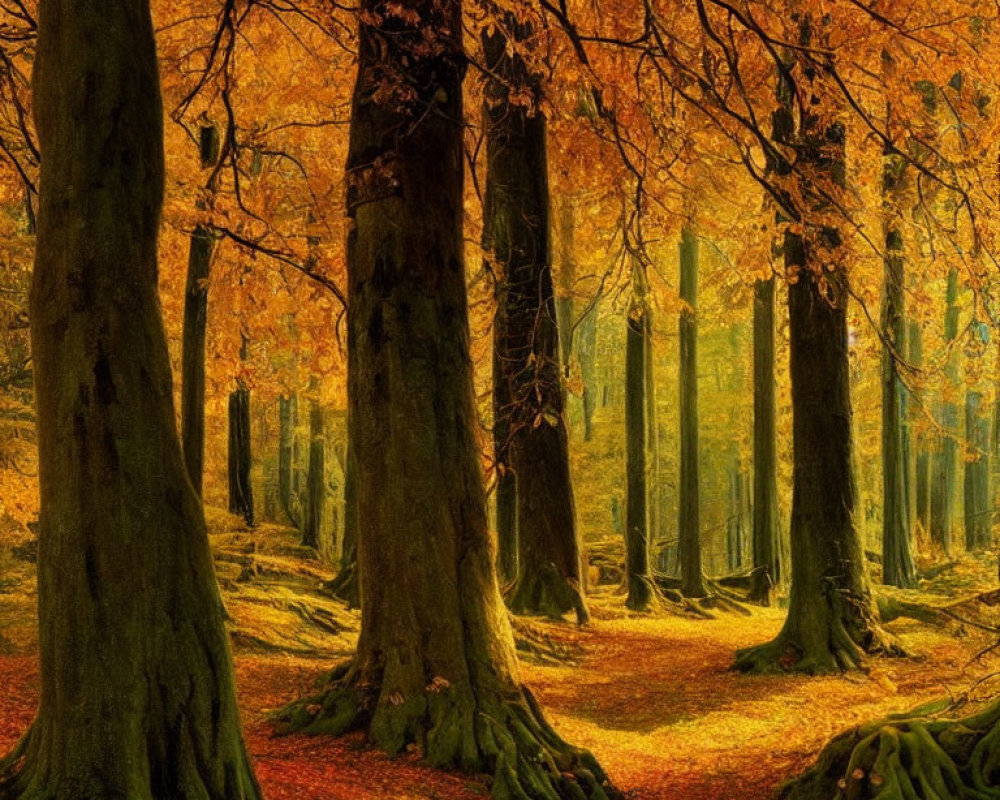 Tranquil Autumn Forest with Vibrant Orange and Golden Leaves