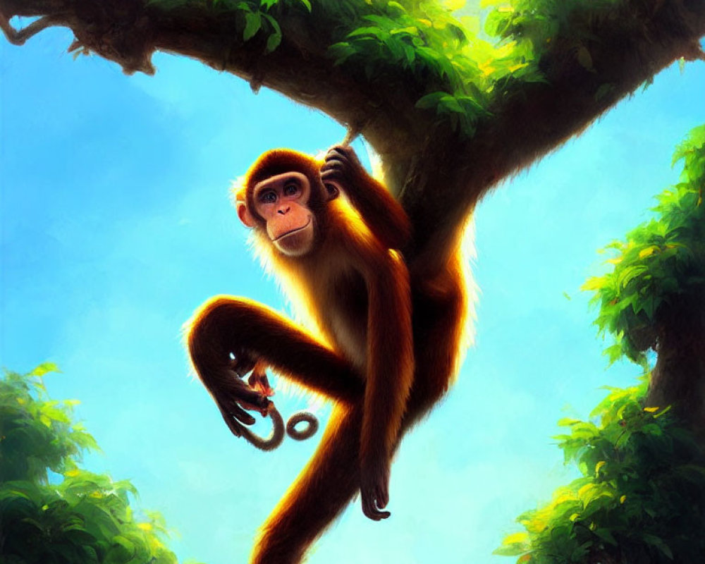 Colorful illustration: Orange monkey on tree branch in sunlight