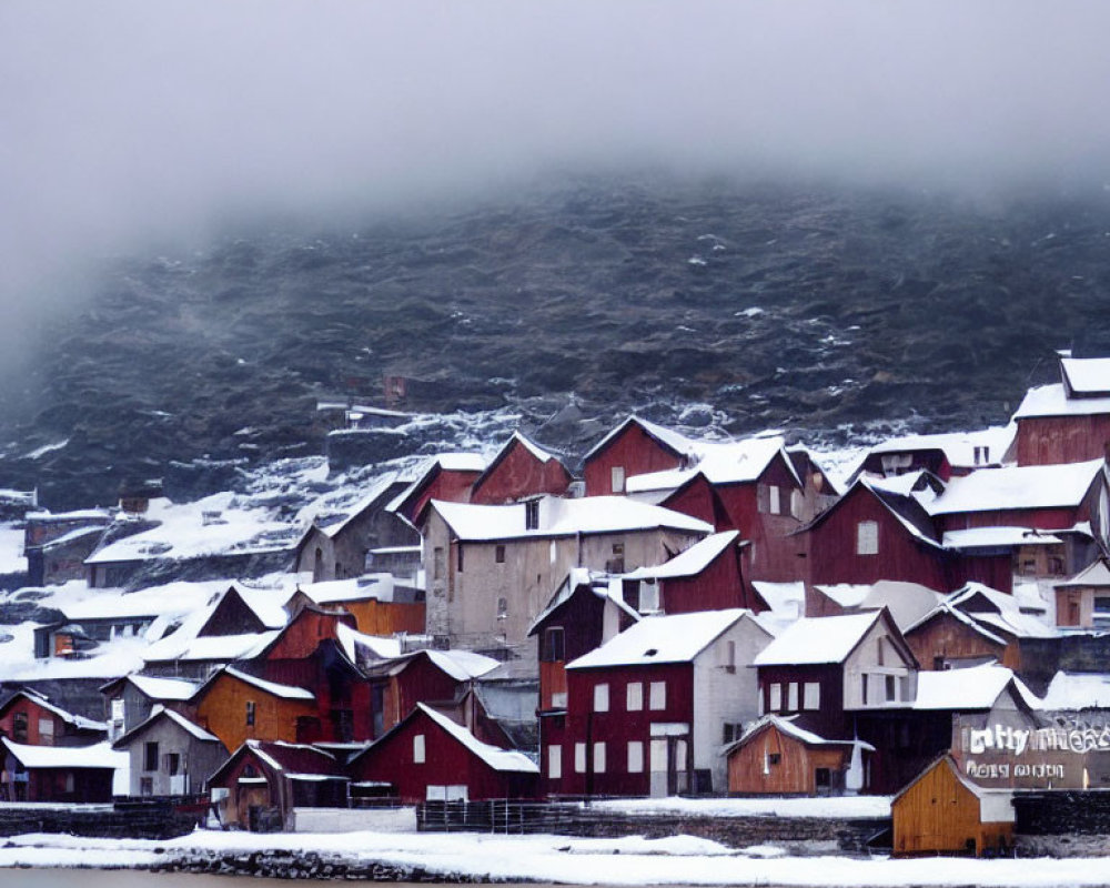 Snowy village with colorful houses near mountain in clouds