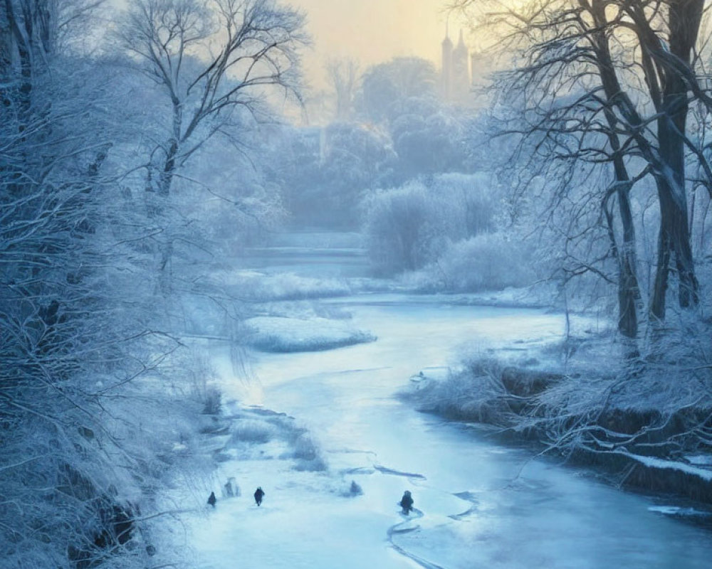 Snow-covered trees, frozen river, and wildlife tracks in serene winter setting