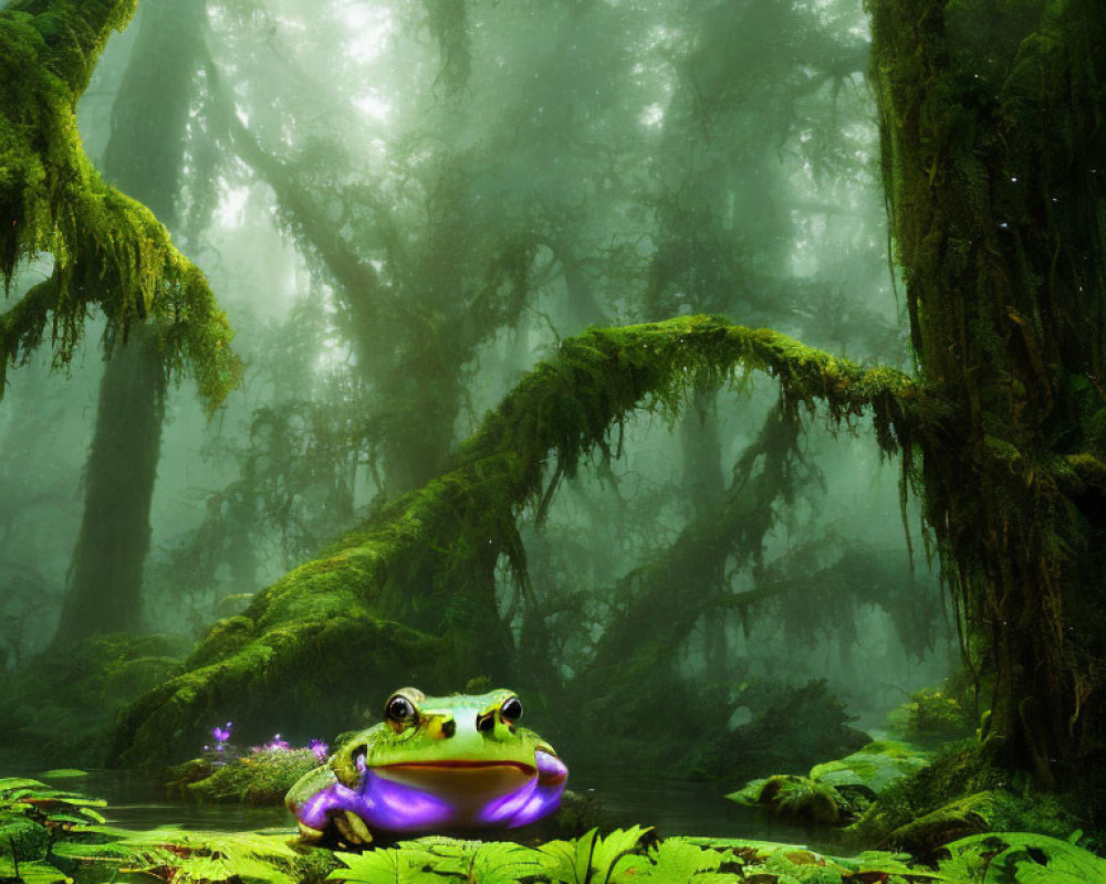 Green frog in misty forest with ferns and moss-covered trees
