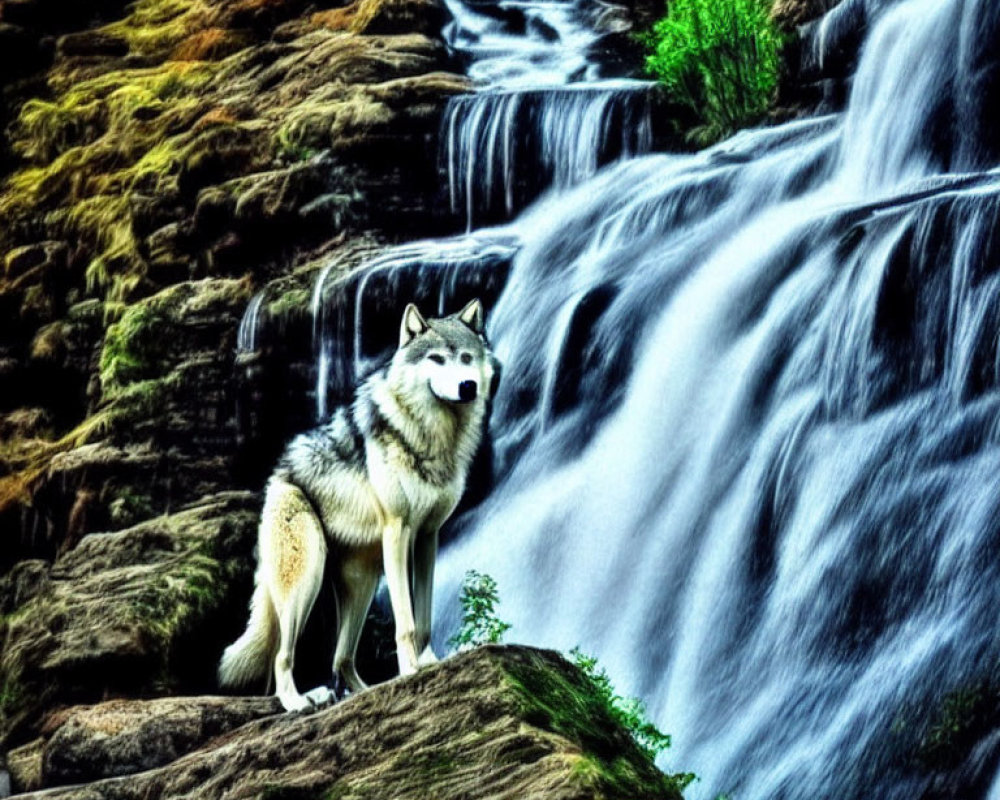 Majestic husky by waterfall in lush green setting