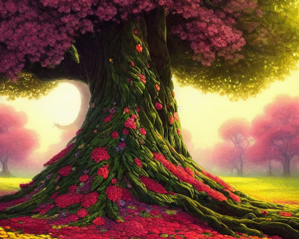 Vibrant magical tree with thick trunk and pink blossoms in colorful landscape