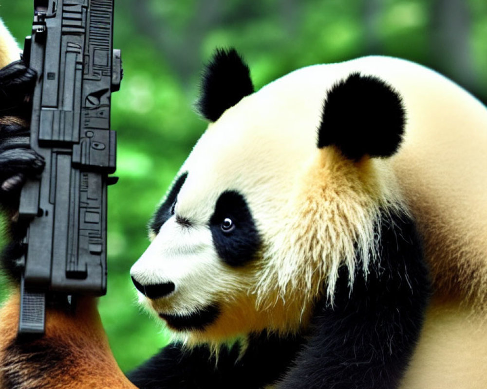 Panda Holding Gun in Green Foliage
