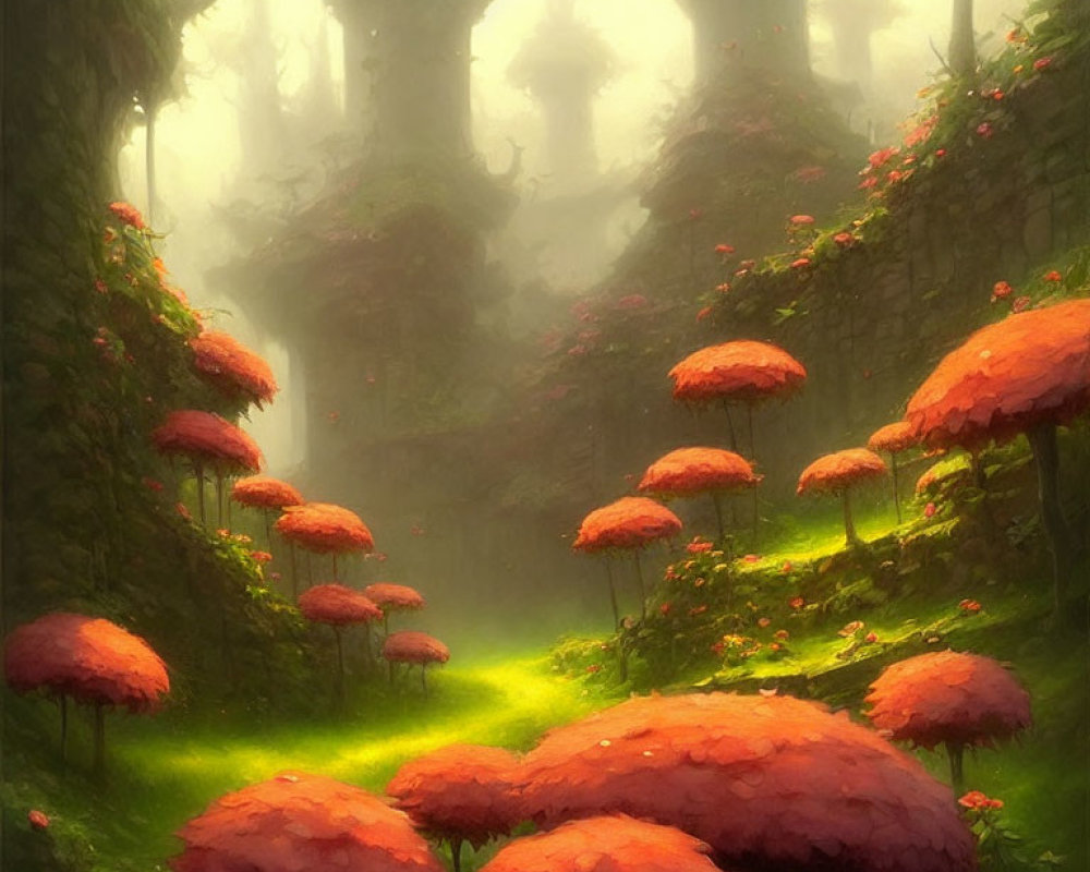 Enchanted forest with ancient ruins, mist, and red mushrooms
