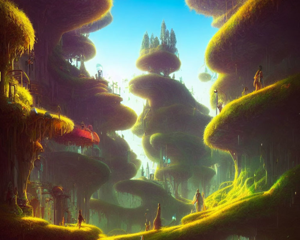 Mystical fantasy landscape with towering mushroom-like structures and tiny figures in golden light