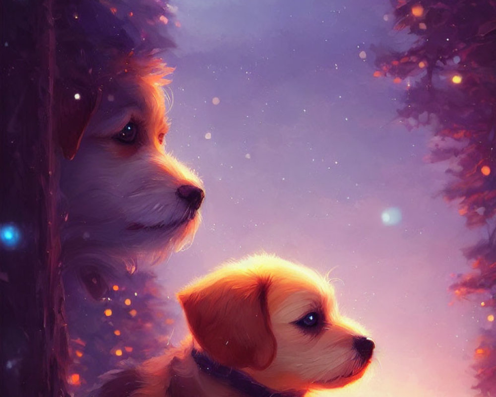 Two dogs in purple twilight sky with autumn trees