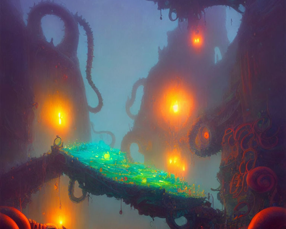 Glowing lights and tentacle-like structures in surreal cityscape