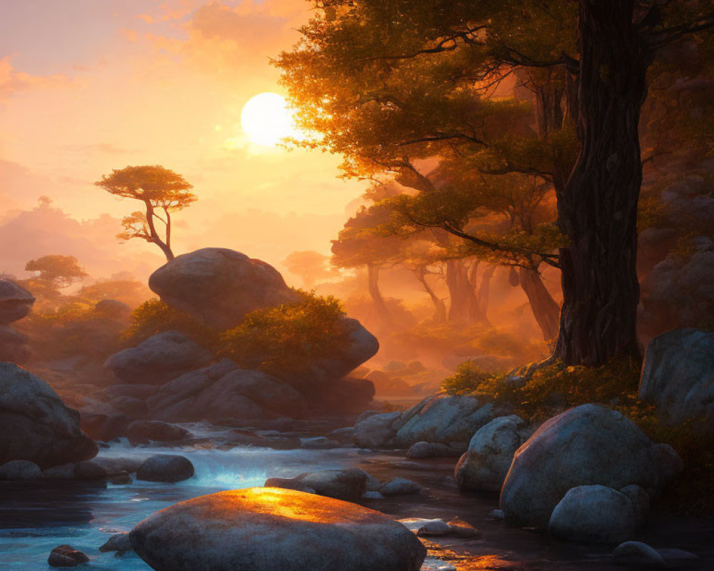 Serene forest stream at sunrise with rocks and lush trees