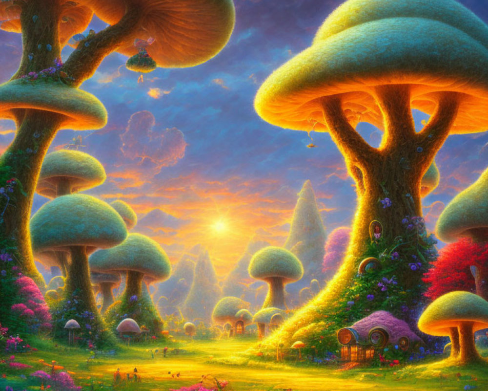 Vibrant landscape with oversized mushroom-shaped trees and colorful flowers at sunset