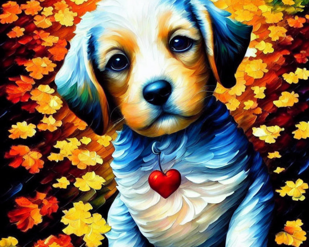 Colorful Autumn Leaves Surround Cute Puppy with Red Heart Pendant