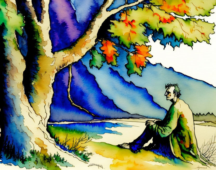 Watercolor painting of person under tree by river & hills