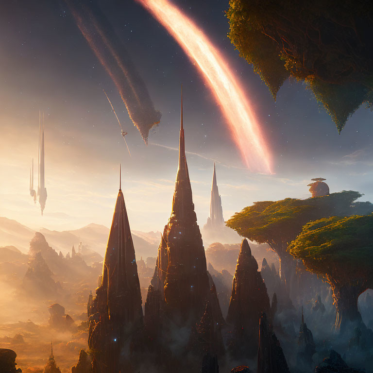 Fantastical landscape with towering spires, floating islands, roots, and meteorites