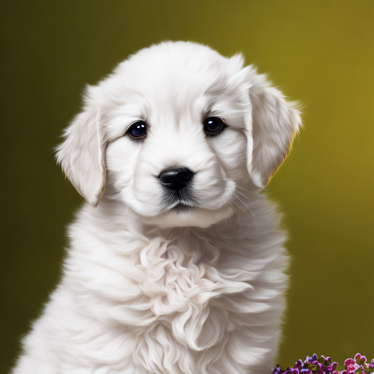 Fluffy White Puppy with Floppy Ears on Yellow-Green Background with Purple Flowers