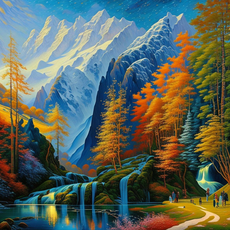 Colorful Mountain Landscape with Waterfalls, Lake, and Autumn Trees