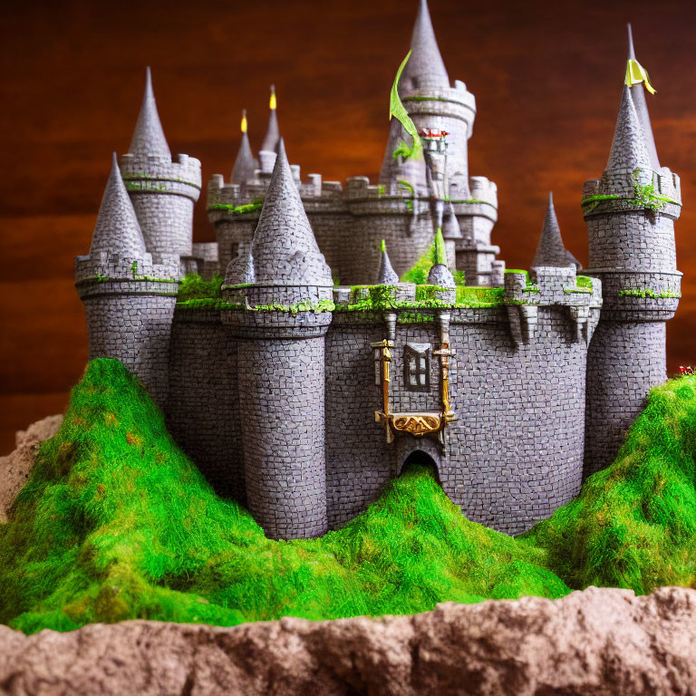 Detailed Medieval Castle Model with Turrets, Keep, Moss, Stone Walls on Brown Background