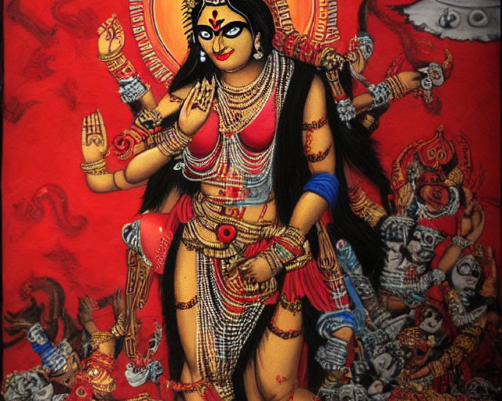 Detailed painting of Hindu goddess Kali with multiple arms on fiery red backdrop