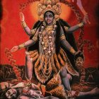 Detailed painting of Hindu goddess Kali with multiple arms on fiery red backdrop