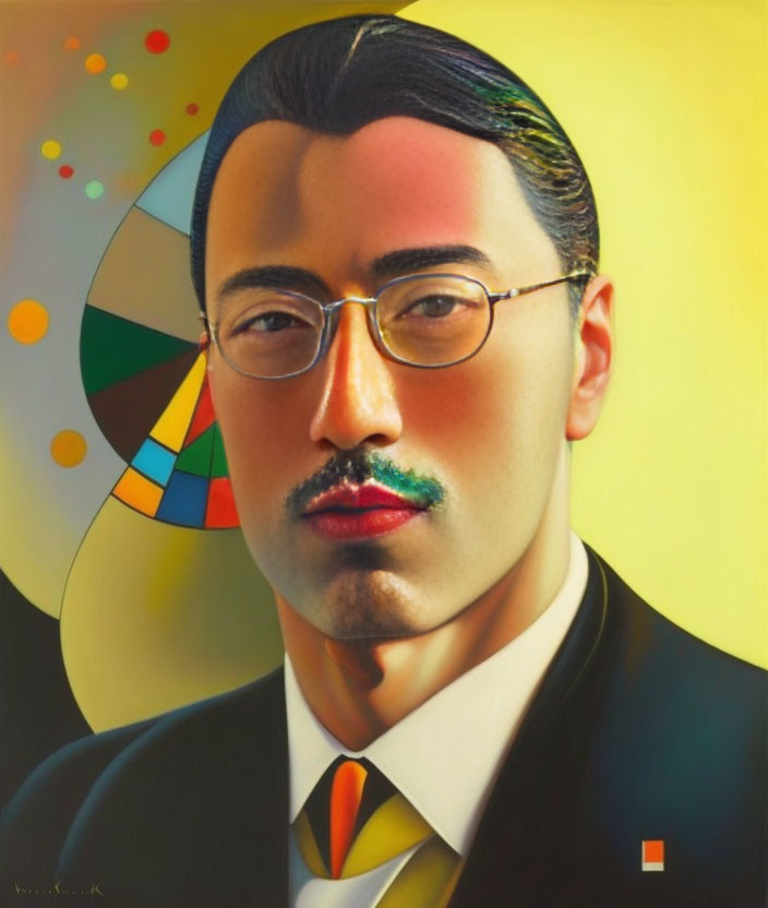 Stylized mustached man in suit with glasses against abstract shapes