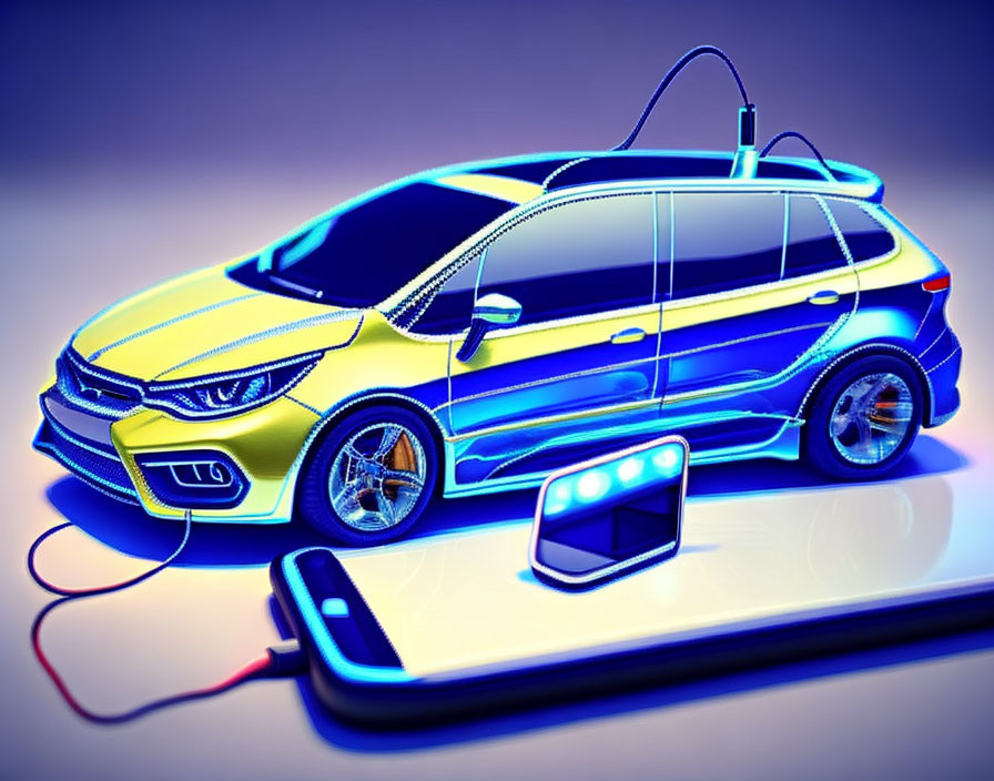 Yellow-Blue Electric Car Connected to Smartphone in 3D Illustration