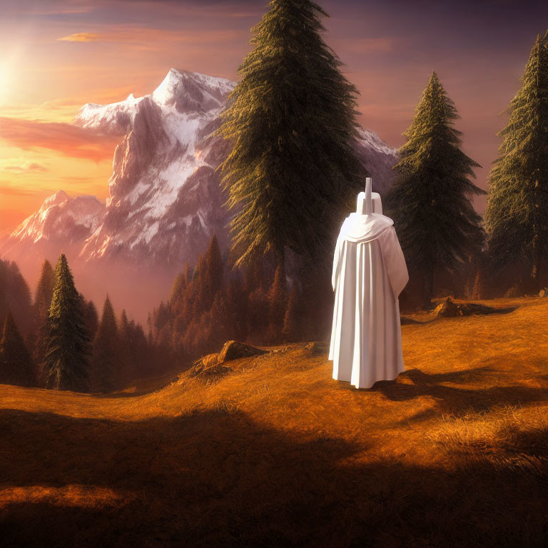 Cloaked figure admires majestic mountain range at sunrise or sunset