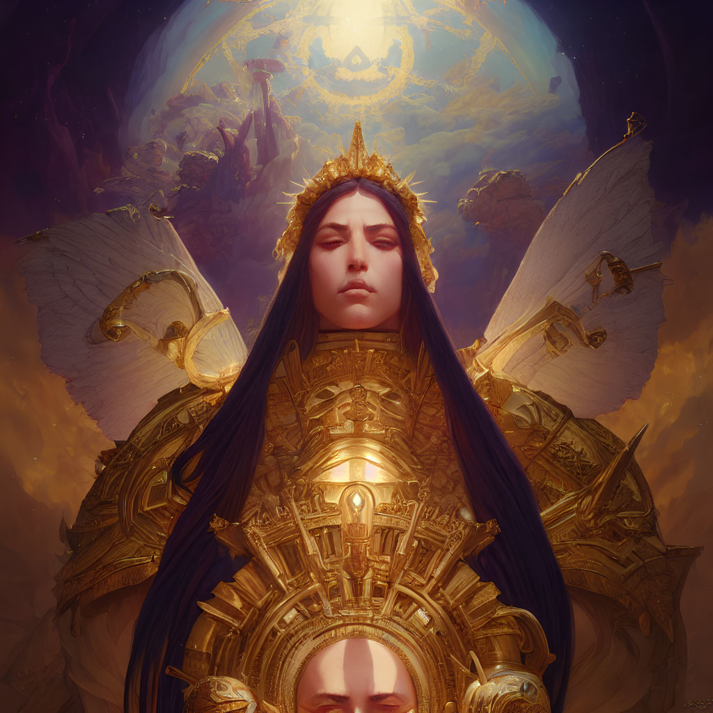Regal figure in golden crown and ornate armor with angelic wings against cosmic backdrop