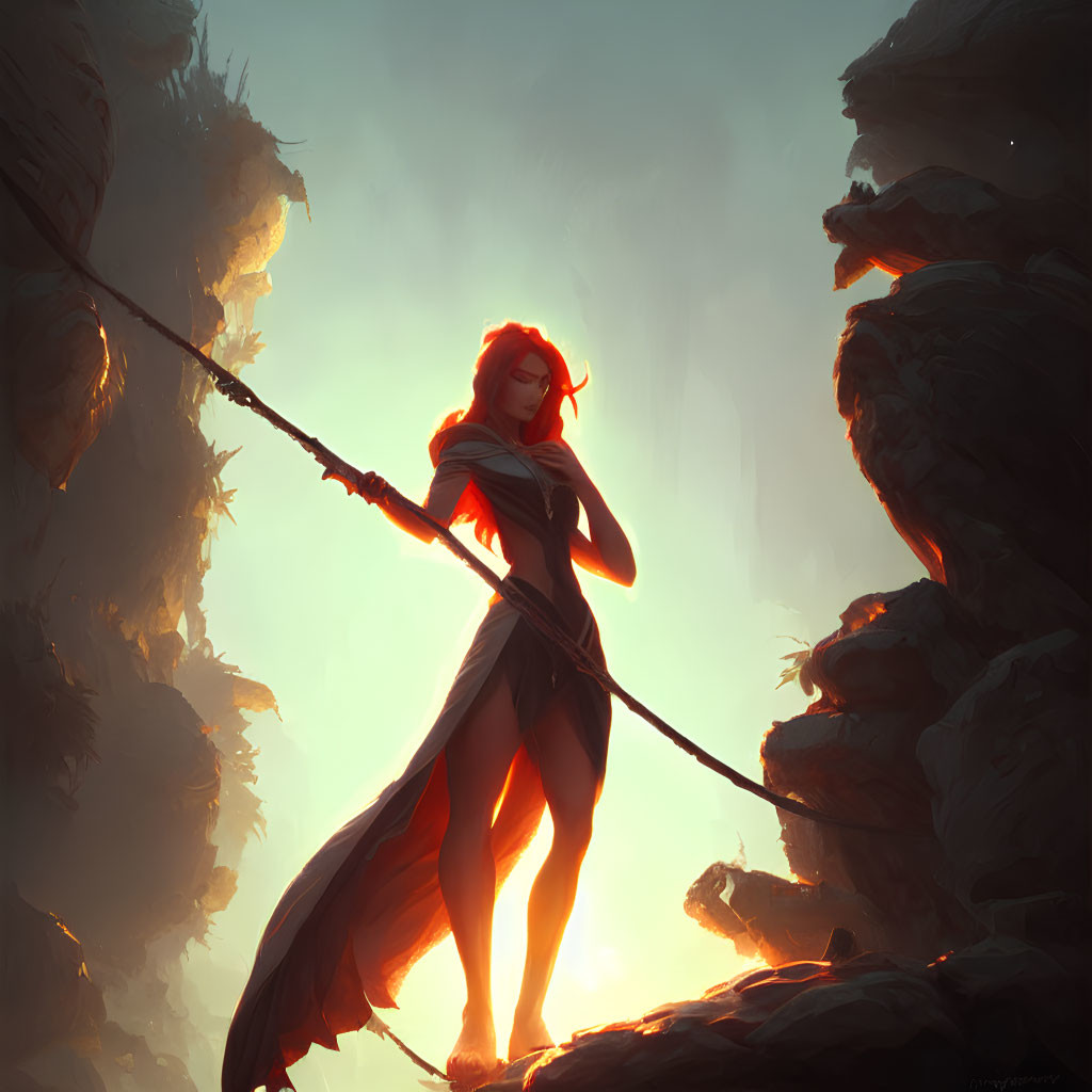 Red-haired female warrior with staff on rocky outcrop in misty background