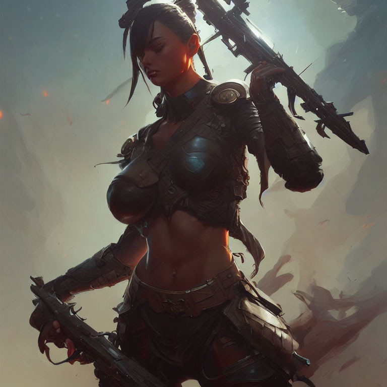 Female warrior in futuristic armor with cybernetic arm holding rifle on battlefield
