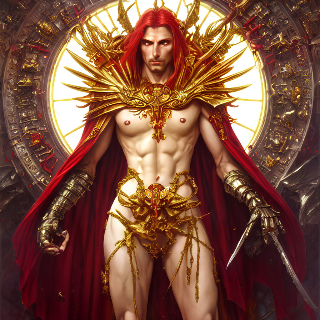 Red-haired figure in ornate armor with mechanical wings and crown exudes regal power