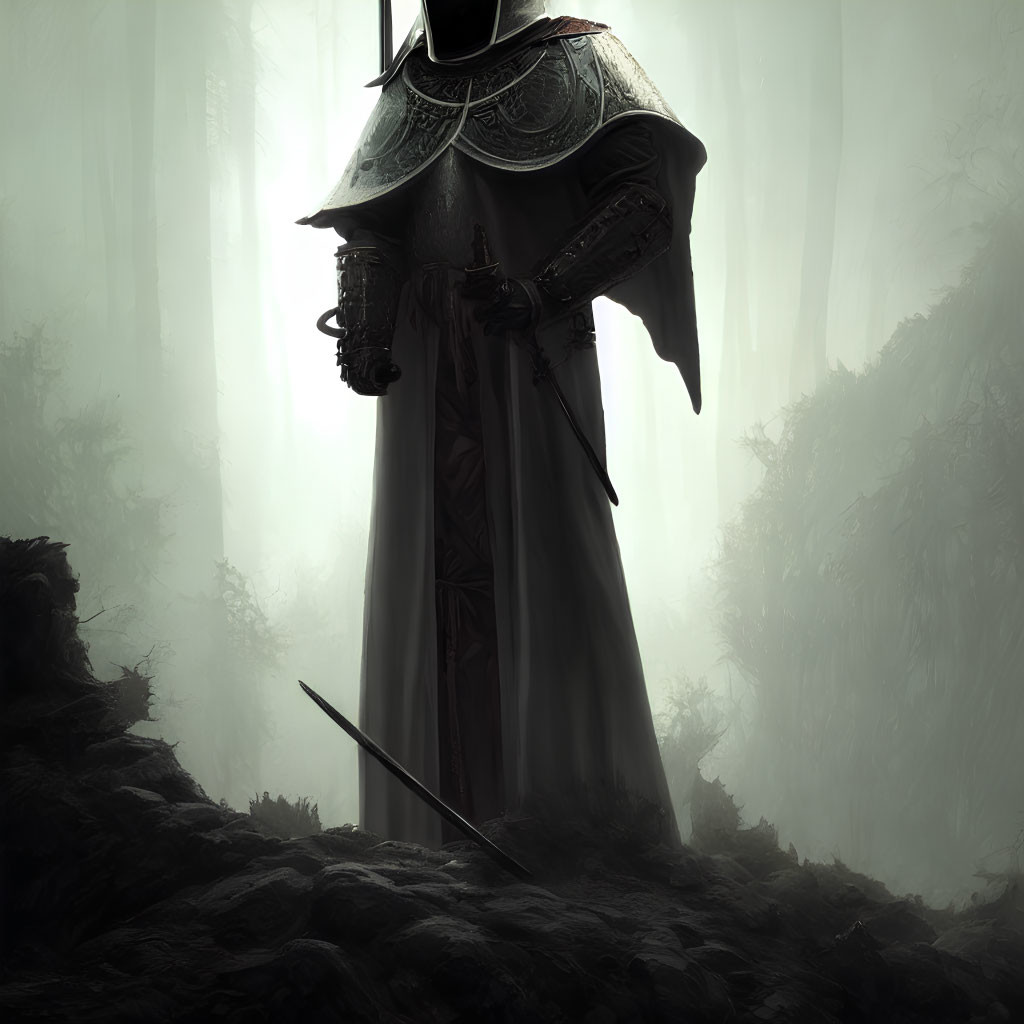 Mysterious figure in dark cloak with ornate armor and sword in foggy forest landscape
