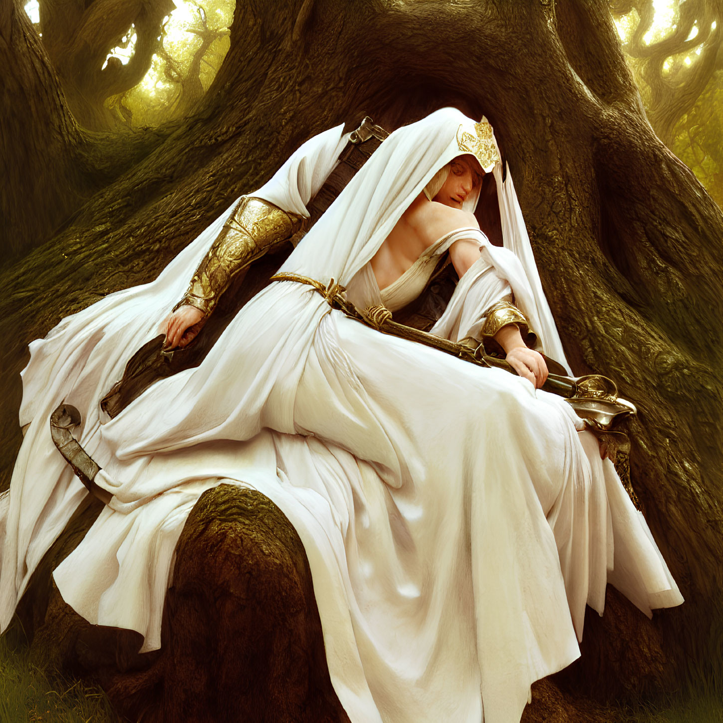 Elaborate Fantasy Attire: Person in White Robe in Forest