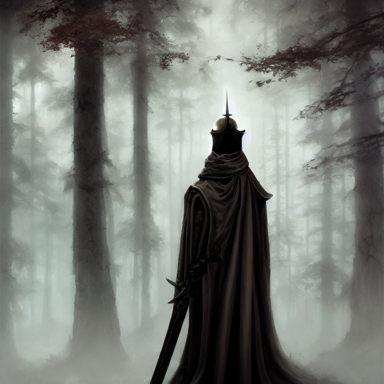 Mysterious cloaked figure in foggy forest with sword and horned helmet