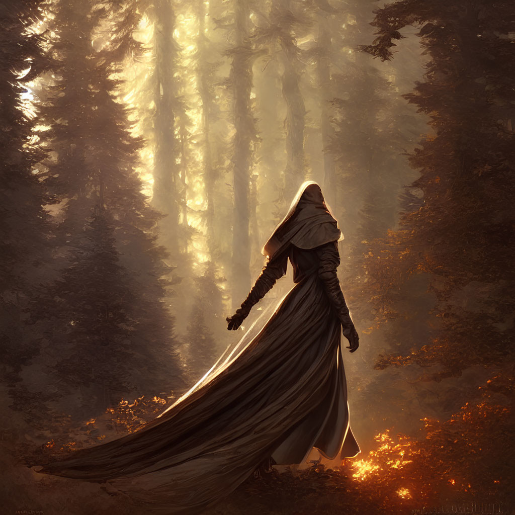 Cloaked figure in sunlit forest with mist and tall trees