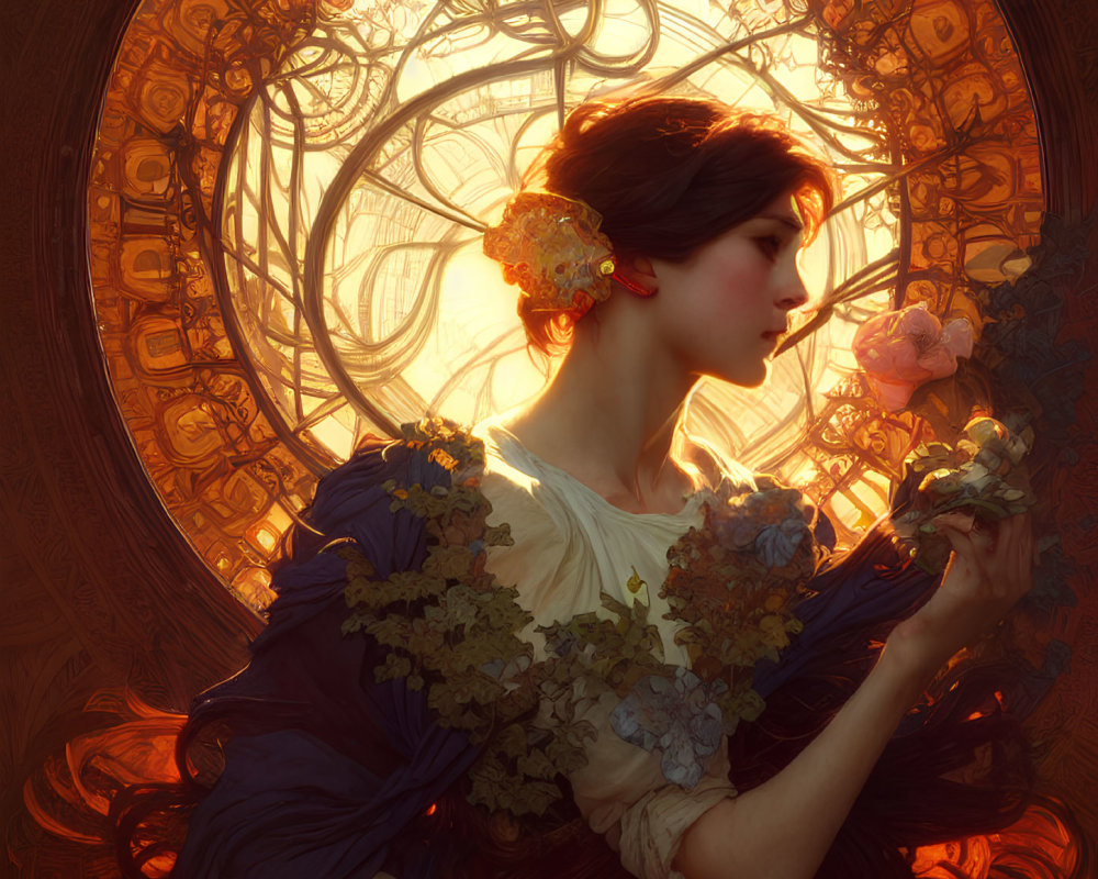 Vintage dress woman admires flower in glowing circular backdrop