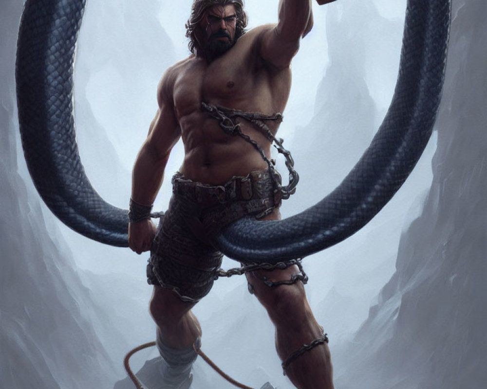 Muscular bearded man in loincloth wields hammer among serpent coils
