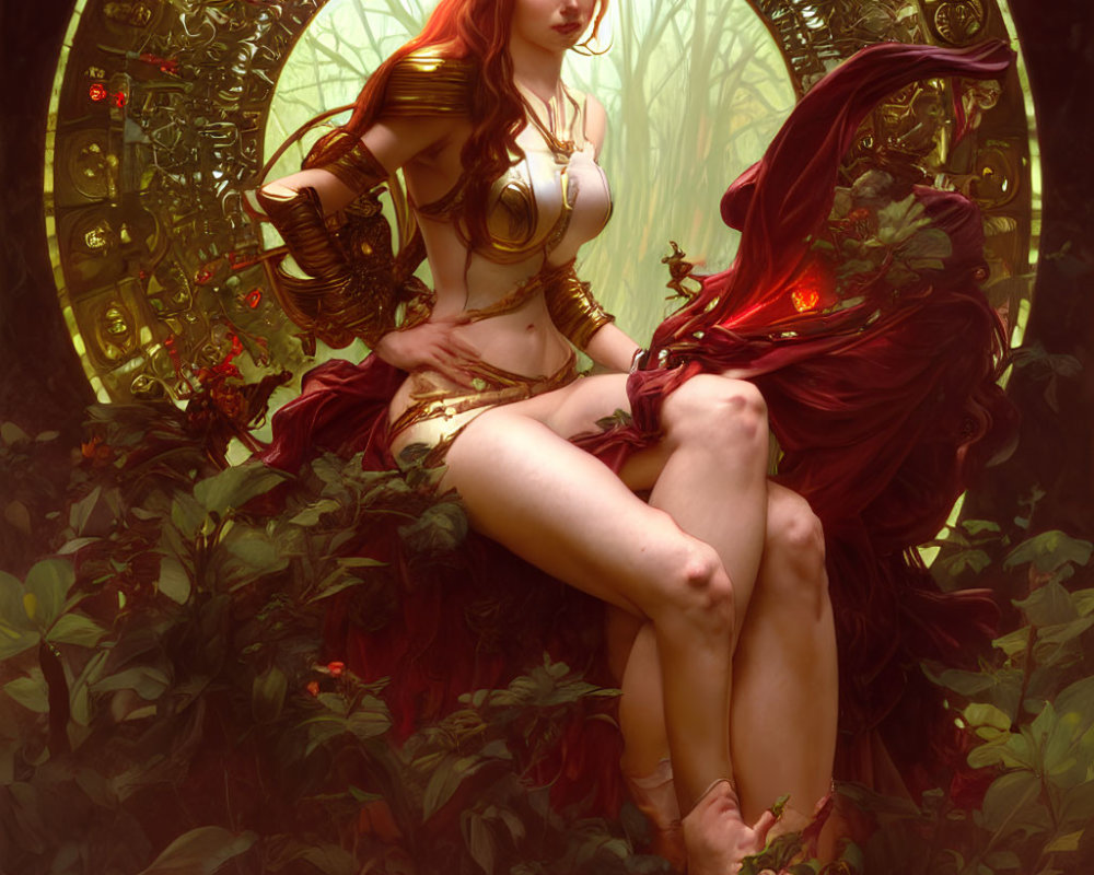 Fantasy illustration of woman in golden armor with red hair and cloaked figure