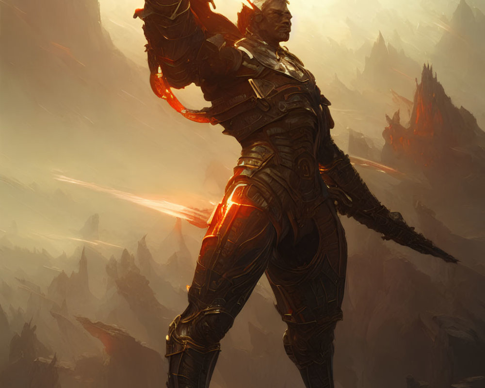 Armored figure with glowing sword in rocky landscape