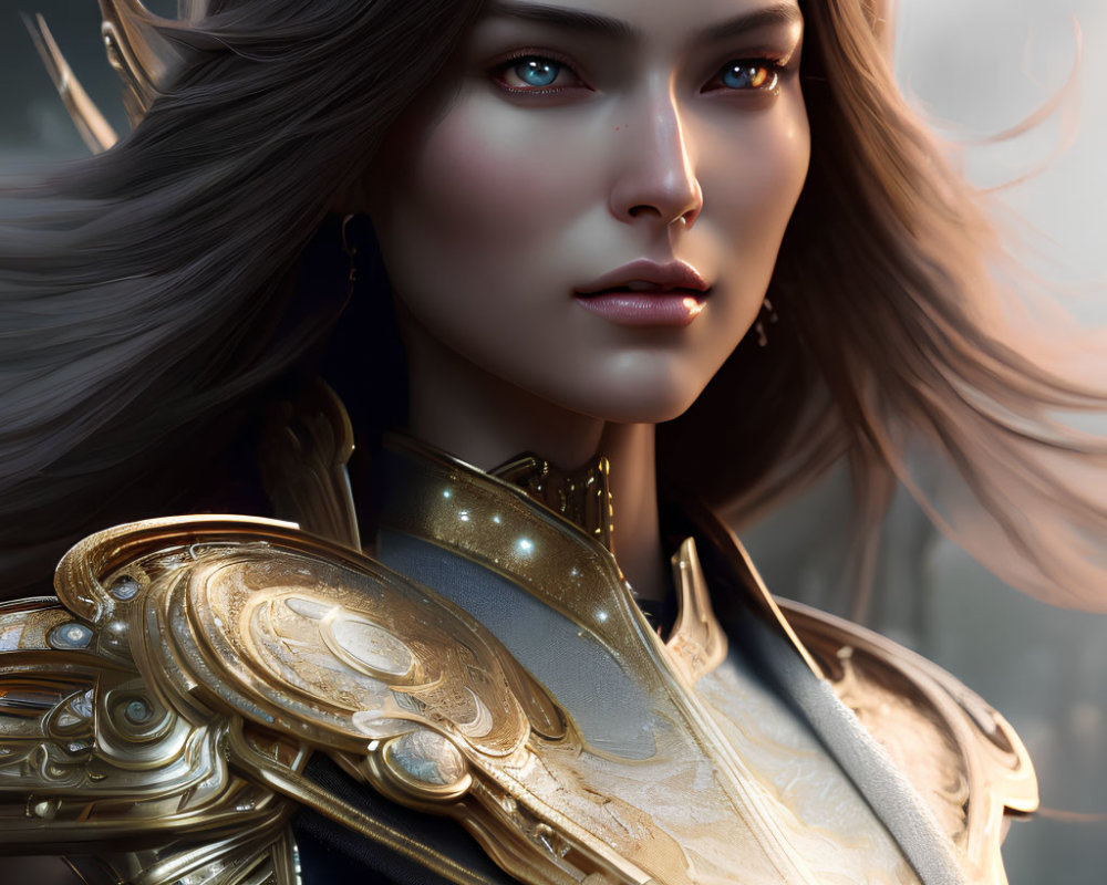 Digital Artwork: Woman in Golden Armor with Blue Eyes