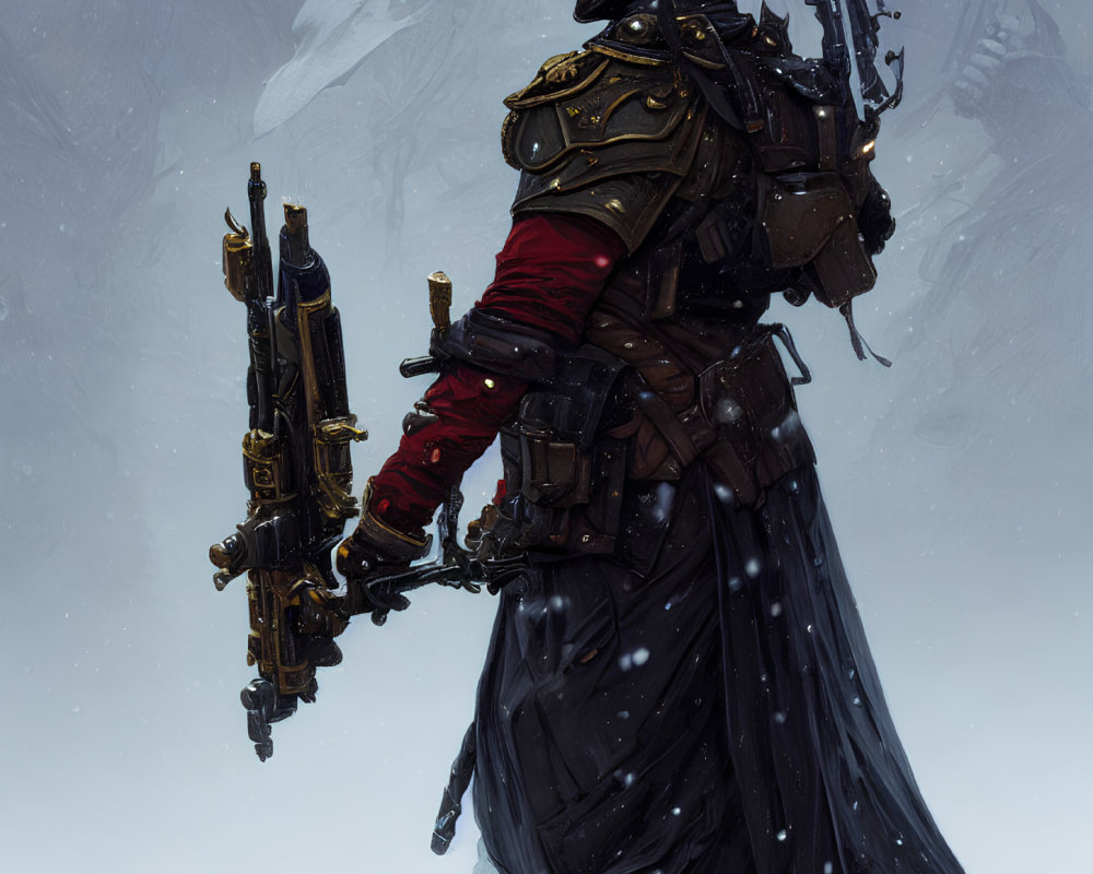 Stoic figure in black coat with gold embellishments holding rifle in snowy setting