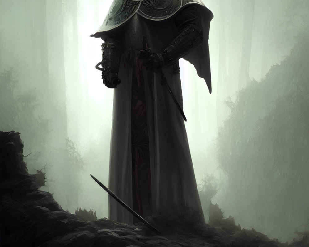 Mysterious figure in dark cloak with ornate armor and sword in foggy forest landscape