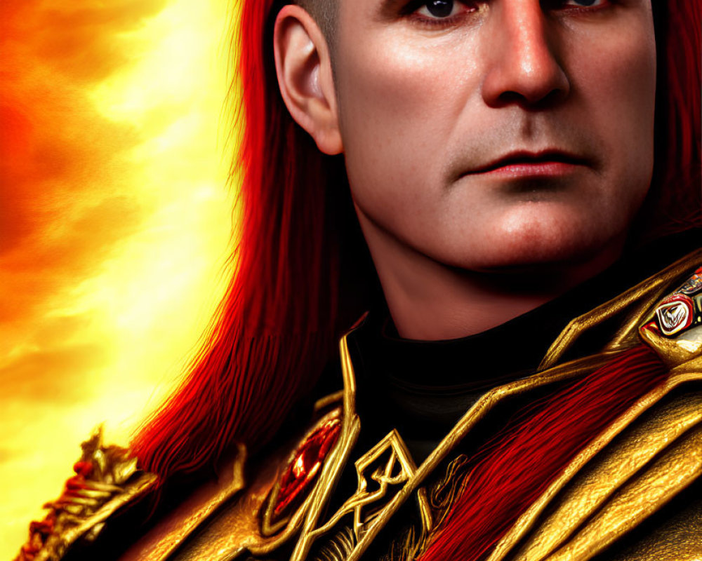 Fiery red and orange backdrop with stern-looking figure in golden armor and red mohawk