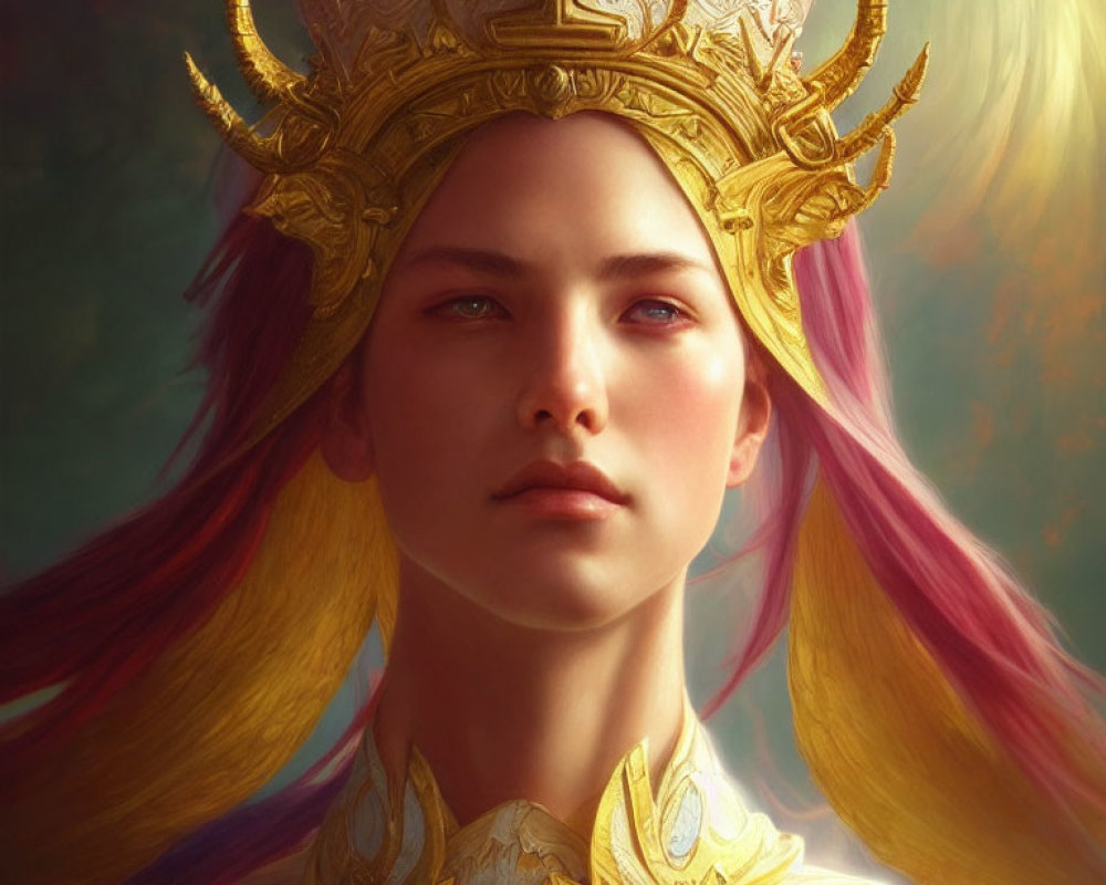 Regal figure with golden crown and shifting hair colors on colorful backdrop
