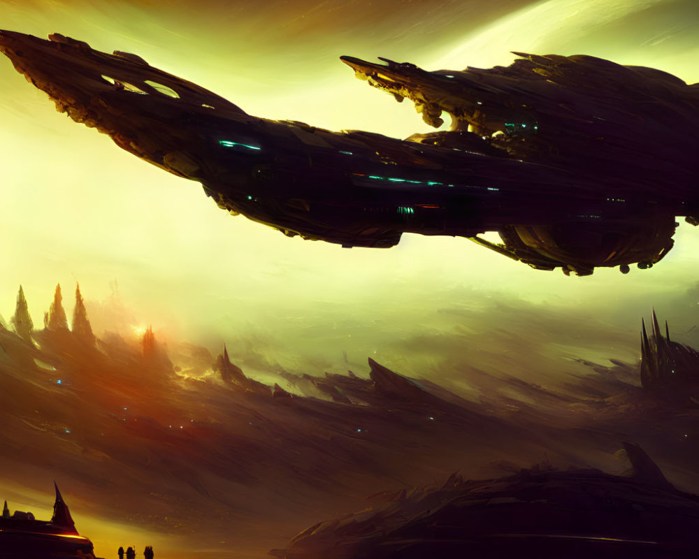 Gigantic spaceship above alien landscape with spires under yellow sky