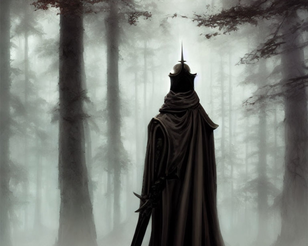 Mysterious cloaked figure in foggy forest with sword and horned helmet