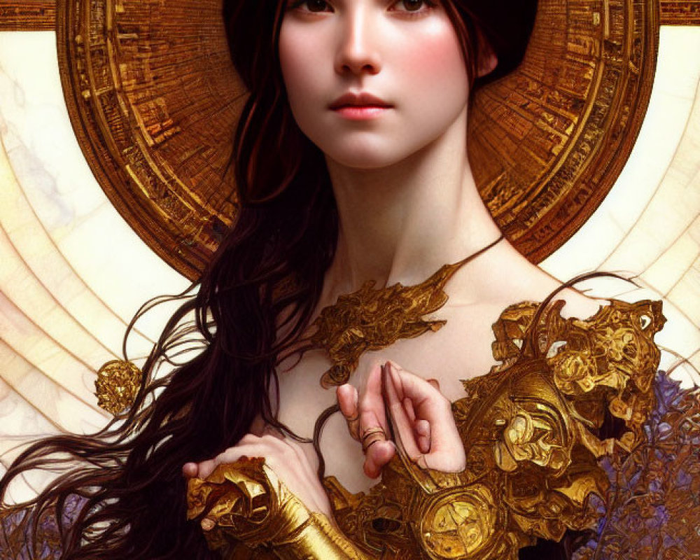 Portrait of Woman in Golden Armor with Ethereal Beauty
