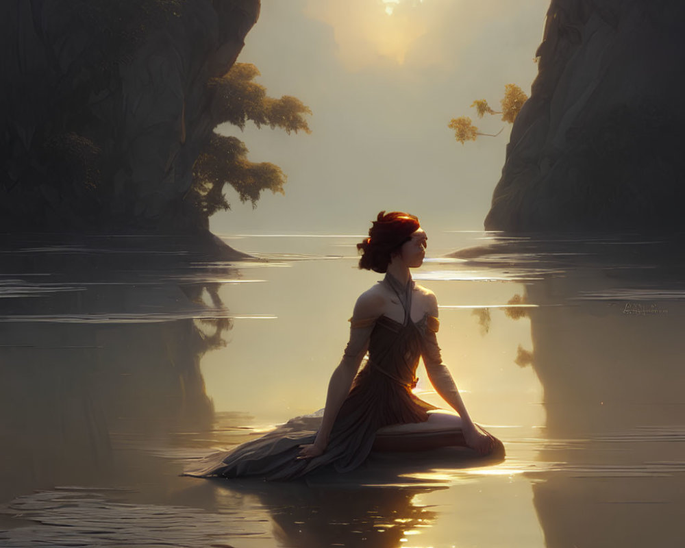 Woman sitting on reflective water surrounded by misty cliffs and soft light.