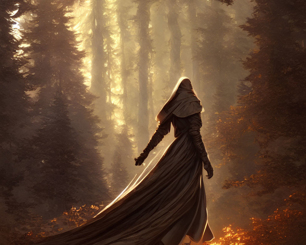 Cloaked figure in sunlit forest with mist and tall trees
